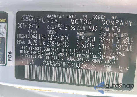 2019 Hyundai Santa Fe Xl Se z USA, uszkodzony, nr VIN KM8SM4HF0KU306832
